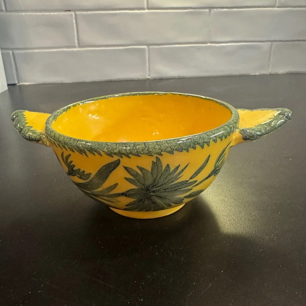 France Pottery Lug Handled Bowl Small Yellow Green Floral Hand Painted Vintage